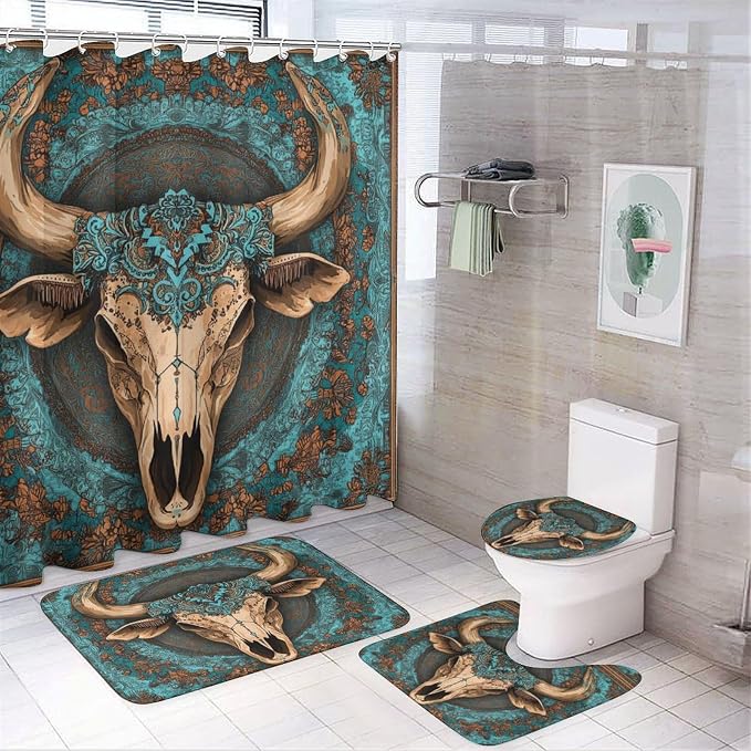 4 Pcs Watercolor Cow Skull Florals Shower Curtains,Abstract Western Cowboy Farm Cow Skull Bathroom Set Shower Mat Shower Curtains Rug 12 Hooks - skull toilet mat