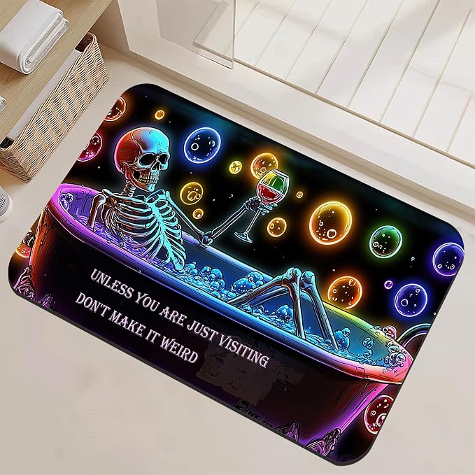 Punk Skull Bathroom Rugs Thin Bath Mat Non Slip Washable, Rubber Backing Quick Dry Bathroom Floor Mat for Shower Tub Sink Laundry, Christmas Decorations, 17"x 29.5" - skull floor mat