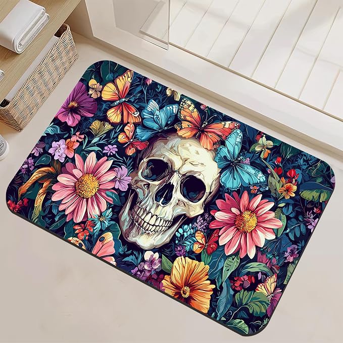 Skull Flowers Bathroom Rugs Thin Bath Mat Non Slip Washable, Christmas Rubber Backing Quick Dry Bathroom Floor Mat for Shower Tub Sink Laundry, Home Decoration, 17"x 29.5" - skull floor mat
