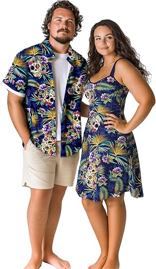 ROSE GAL Matchable Couple Hawaiian Coconut Tree Print Shirt or Plus Size Knee Length Fit and Flare Tank Dress - sugar skull dress