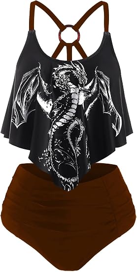 DRESSFO Women Bikini Set Gothic Dragon Bathing Suit - skull swimsuit