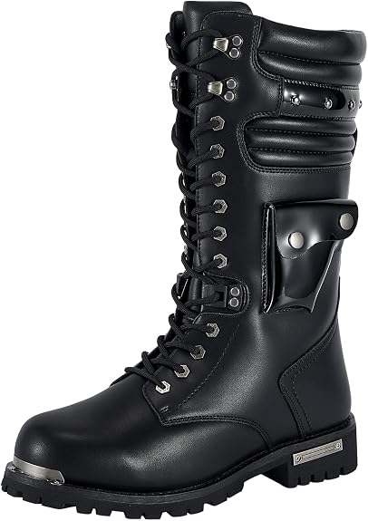 Dream Apparel Mens Motorcycle Riding Boots for Biker with Side Pocket, Black PU Leather Lace up Combat Boots, Waterproof Gothic Punk Mid Calf Footwear - sugar skull boots