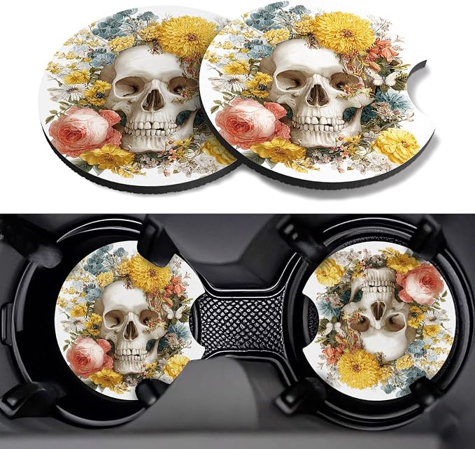 Car Cup Coasters,2 Pack Car Coaster, Floral Skull - skull coaster