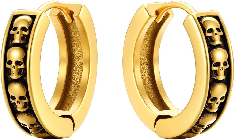 Hoop Earrings for Men, Cuban Link/Norse Viking/Skull Earrings Women Hypoallergenic Punk Earring Jewelry, Stainless Steel/Gold Plated/Black-with Gift Box - skull plate