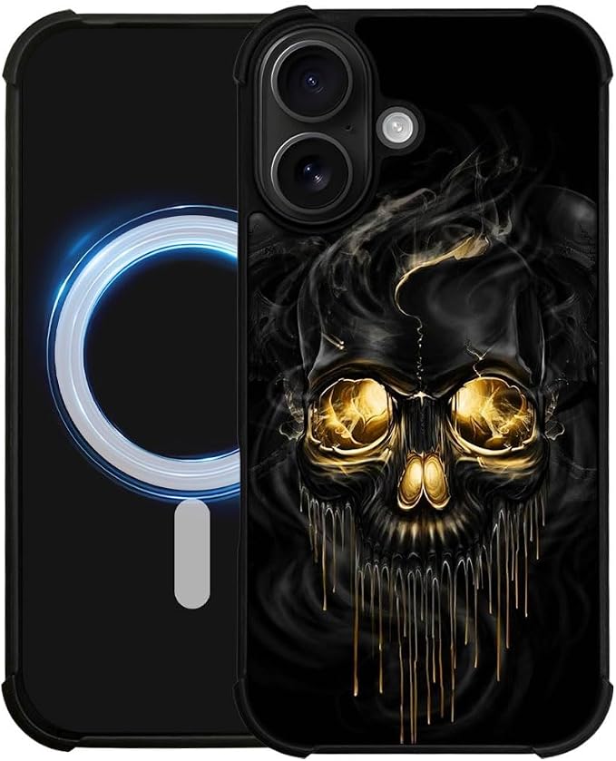 case for iPhone 17,Compatible with Magsafe,All-Round Protection Shockproof Anti-Scratches TPU Case Cover-Gold Black Skull
