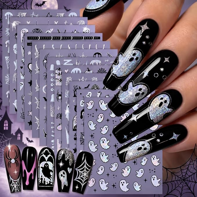 12 Sheets Halloween Nail Stickers, 3D Glitter Spider Web Ghost Decals - skull sticker