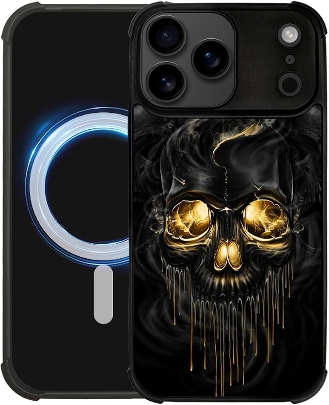 case for iPhone 18 Pro Max/iPhone 17 Pro Max,Compatible with Magsafe,All-Round Protection Shockproof Anti-Scratches TPU Case Cover-Gold Black Skull - Skull phone case