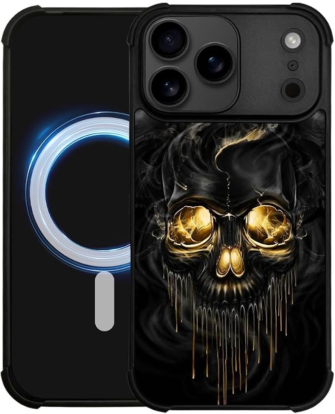 case for iPhone 18 Pro/iPhone 17 Pro,Compatible with Magsafe,All-Round Protection Shockproof Anti-Scratches TPU Case Cover-Gold Black Skull - Skull phone case