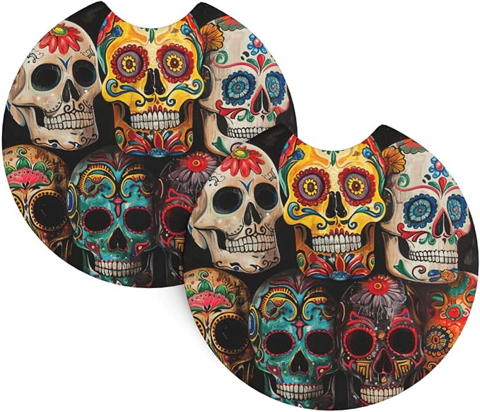 Sugar Skulls Print Car Cup Holder Coaster 2 Pack for Waterproof Cups Holders Holder Coasters with A Finger Notch - skull coaster