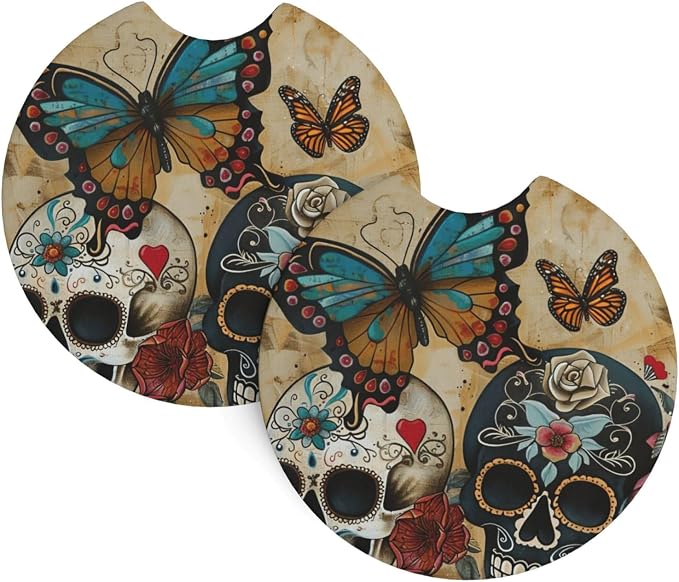Sugar Skulls Butterfly Print Car Cup Holder Coaster 2 Pack for Waterproof Cups Holders Holder Coasters with A Finger Notch - skull coaster