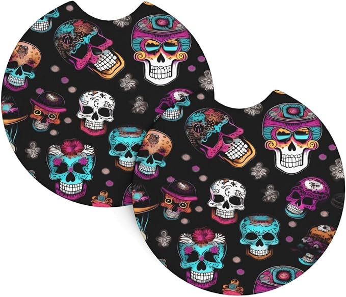 Sugar and Skulls Style Print Car Cup Holder Coaster 2 Pack for Waterproof Cups Holders Holder Coasters with A Finger Notch - skull coaster