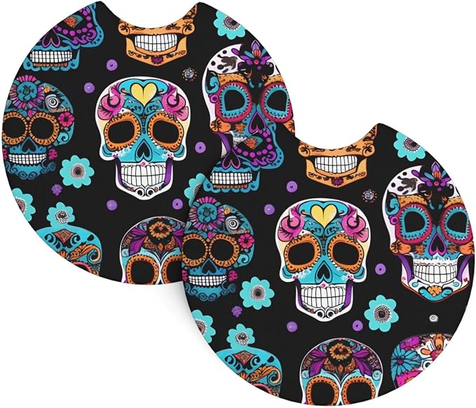 Sugar Skull Print Car Cup Holder Coaster 2 Pack for Waterproof Cups Holders Holder Coasters with A Finger Notch - skull coaster