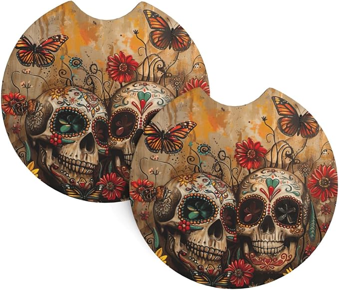 Sugar Skulls Butterfly Print Car Cup Holder Coaster 2 Pack for Waterproof Cups Holders Holder Coasters with A Finger Notch - skull coaster