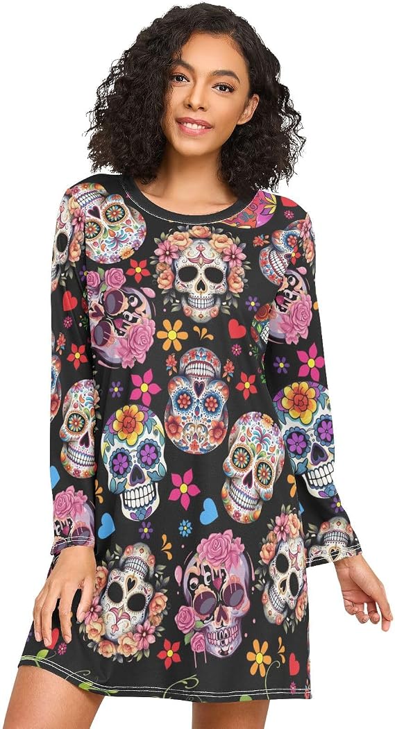 Nightgowns for Women Long Sleeve Sleepshirt Nightshirt Soft Pjs Dress Sleepwear - skull pajamas