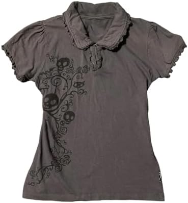 Skull Print Graphic Polo Golf Shirts for Women Lace Trim Short Sleeve Gothic Punk Tshirts Emo Tees Grunge Crop Top - skull tshirt