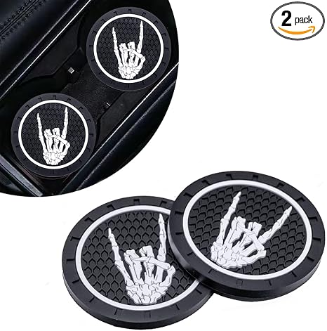2 Pack Skeleton Rock Gesture Hand Car Coasters, 2.75 Inch Universal Non‑Slip Silicone Cup Holder Mats, Gothic Heavy Metal Punk Auto Interior Decor Accessories for Men Women, Rock Fan Gift