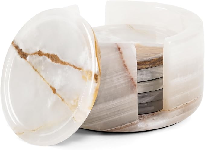 Radicaln Round Marble Coasters Set of 6 with Holder - White Onyx Stone 3.5" - skull coaster