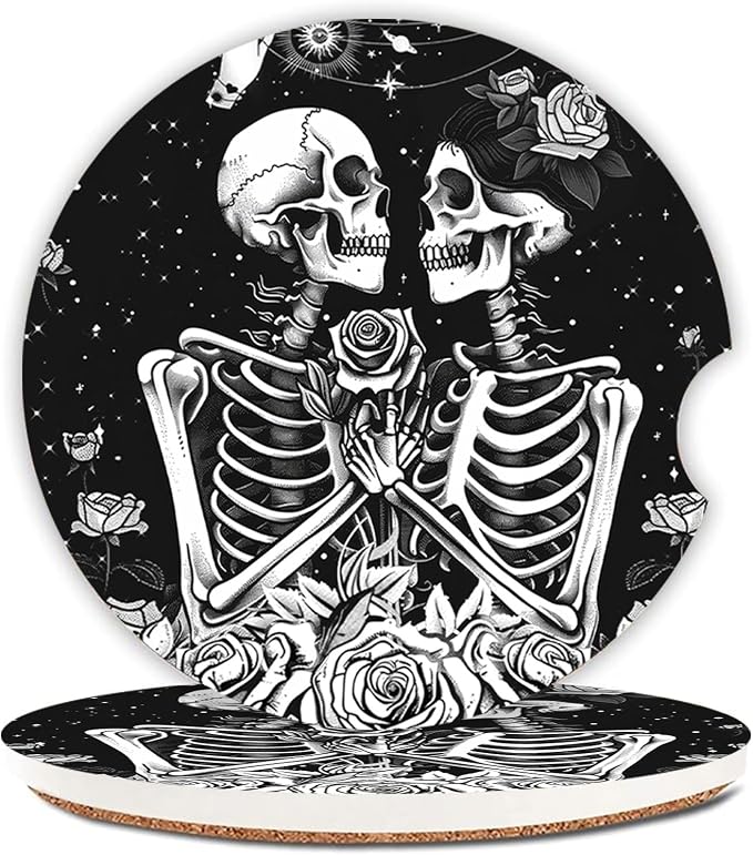 2 Pcs Skull Skeleton Love Car Coasters,Ceramic Cup Holder Coasters with a Finger Notch,2.56" Ceramic Stone & Non-Scratch Cork Base,Car Accessories for Women&Man. - skull coaster