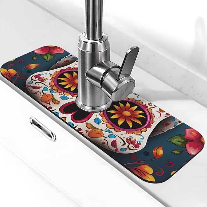 Splash Guard Mat For Kitchen Sink , Super Absorbent Fast Drying Faucet Mat Colorful Sugar Skull Draining Mats Sink Gadgets Behind Faucet Sinkmat For Kitchen Bathroom 15"X5.5" - skull toilet mat