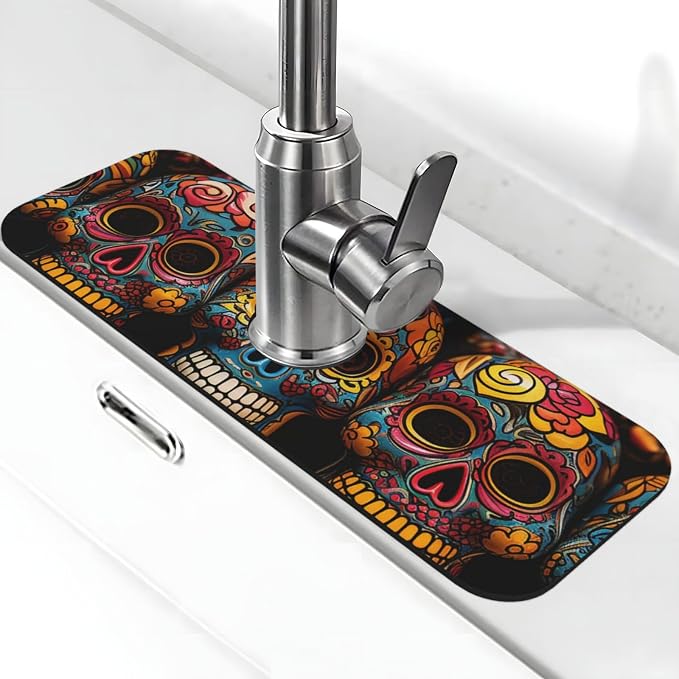 Splash Guard Mat For Kitchen Sink , Super Absorbent Fast Drying Faucet Mat Colorful Sugar Skulls Draining Mats Sink Gadgets Behind Faucet Sinkmat For Kitchen Bathroom 15"X5.5" - skull toilet mat