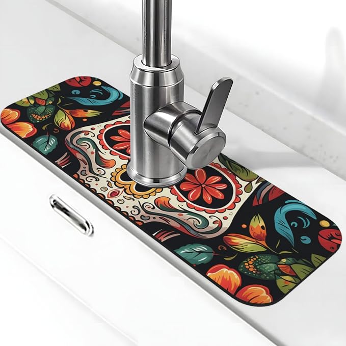 Splash Guard Mat For Kitchen Sink , Super Absorbent Fast Drying Faucet Mat Colorful Sugar Skull Draining Mats Sink Gadgets Behind Faucet Sinkmat For Kitchen Bathroom 15"X5.5" - skull toilet mat