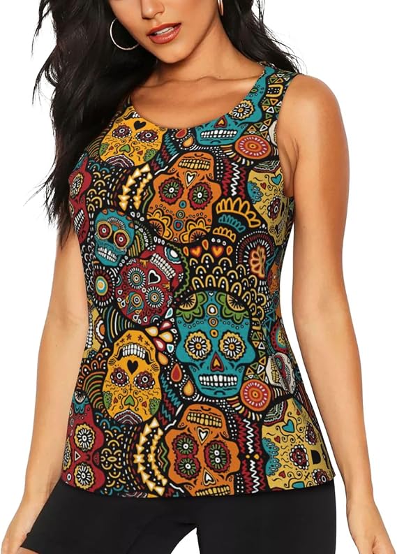 Women's Sugar and Skulls Style Print Workout Athletic Tank Tops Quick Dry Yoga Gym Sleeveless Shirts - skull tank tops