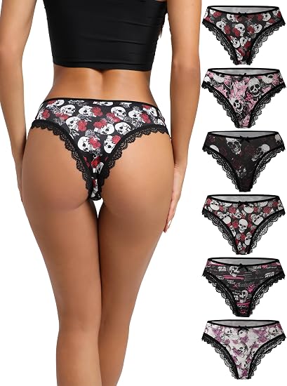 6-Pack Gothic Thong Panties, Skull & Rose Print Lace Trim Sexy Alt Underwear, Low Rise Emo T-Back Briefs - skull swimsuit