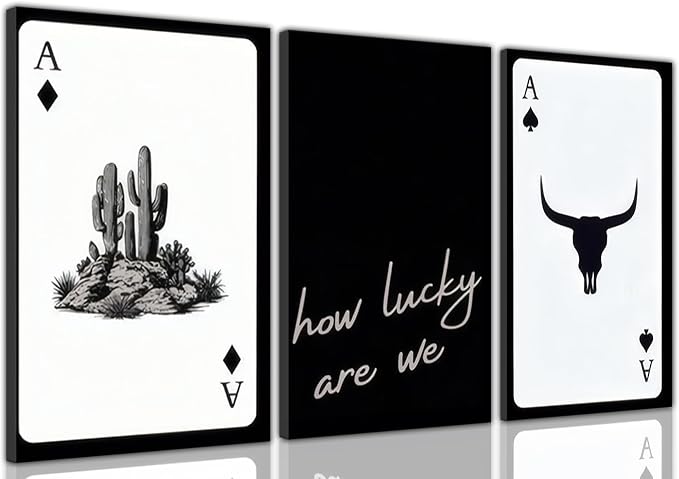 Western Wall Art Set of 3, Longhorn Bull Skull Canvas Wall Decor Southwestern Cowboy Playing Card and How Lucky are We Poster Painting Prints for Bedroom Living Room 12x16 Inch Framed - skull wall art