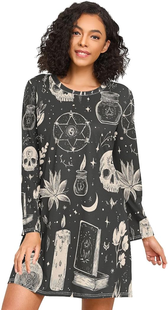 Women's Nightgowns Long Sleeve Sleep Shirts Night Shirts Pullover Sleep Dress Soft Sleepwear - skull pajamas
