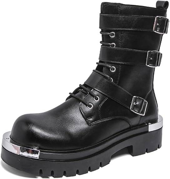 Men's Leather Lace Up Platform Military Combat Boots with Multiple Buckle Side Zip Chunky Heel Goth Motorcycle Trendy Round Toe Lug Sole Non Slip Comfort Y2K Boots for Motorcycle Rides Daily Work - sugar skull costume