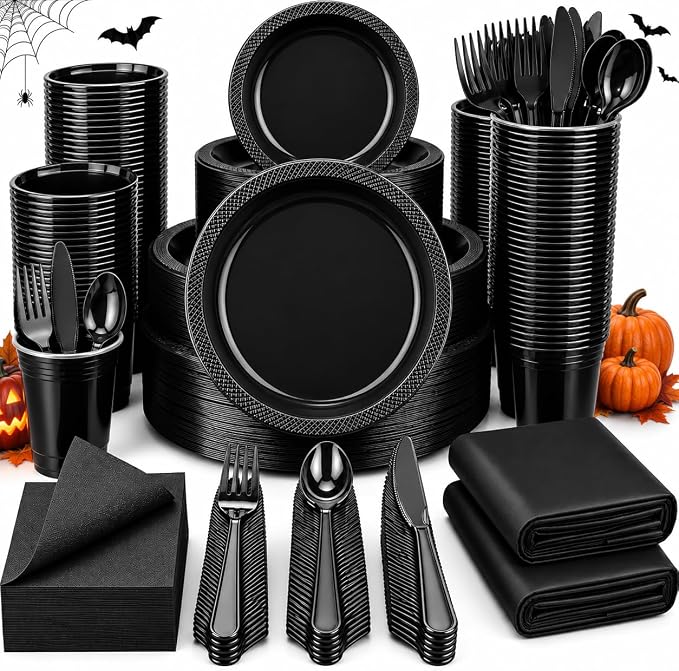 Tinybee 352 Pcs Black Plastic Plates, Disposable Dinnerware Set for 50 - skull plate