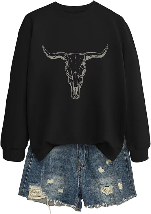 babyhealthy Cow Skull Sweatshirt for Women Western Bull Graphic Pullover - skull hoodie