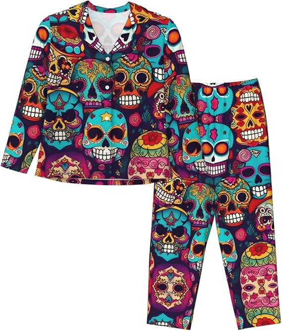 Sugar Skulls print Women's Pajama Set Soft Breathable 2 Piece Sleepwear, Long Sleeve Top and Pants, Loungewear - skull pajamas