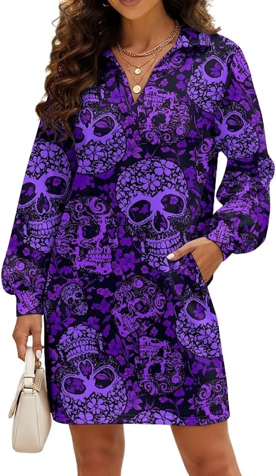 Irisjudy Sweatshirt Dress for Women Raven Gothic Long Sleeve Tunic Tops, Black Cat Fall Pullover Mini Dress with Pockets - skull sweatshirts