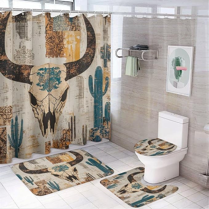 4 Pcs Abstract Western Cowboy Cow Skull Shower Curtain 12 Hooks,Watercolor Aztec Tribal Cow Bone Cactus Succulent Bathroom Set Shower Curtains Mat Bathroom Curtain Rug - skull toilet mat