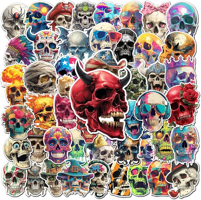 50 Pcs Skull Stickers for Adults Dark Gothic Sticker Pack Waterproof Goth Horror Decals Water Bottle Laptop Luggage Skateboard Planner Guitar Scrapbooking Journaling Gifts for Men Women - skull sticker