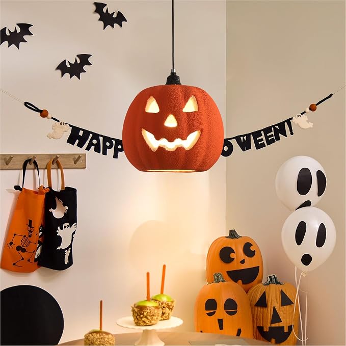 JAYMP 32cm Halloween Light Up Pumpkin Pendant Light, Jack O Lantern, Living Dining Room Hanging Lamp E26 Base Hardwired Lighting Fixture (Orange,H, 12.6in)