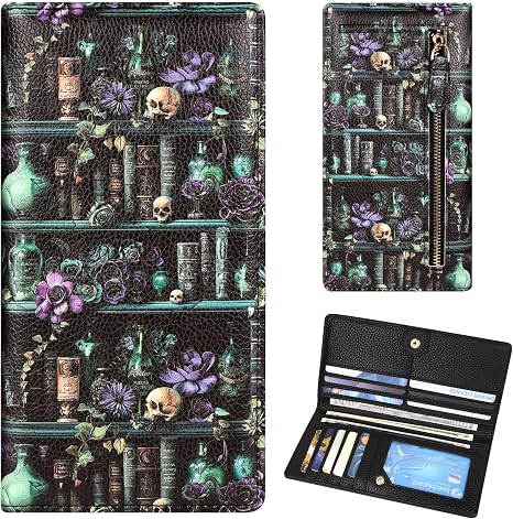 Womens Wallet, Extra Slim RFID Wallets, Green Bookshelf Skull - skull wallet