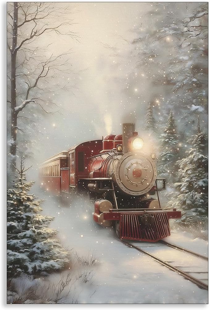 Christmas Red Train Canvas Wall Art, Snowy Pine Forest Landscape Poster, Rustic Winter Railroad Painting, Vintage Christmas Tree Holiday Wall Decor for Bedroom 16x24in Unframed - skull wall art