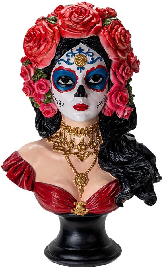 Pacific Giftware Day of the Dead Senorita Sugar Skull Bust Statue Gothic Decor with Red Roses and Gold Jewelry Halloween Decorative Polyresin Figurine 13.94" H - skull figurine