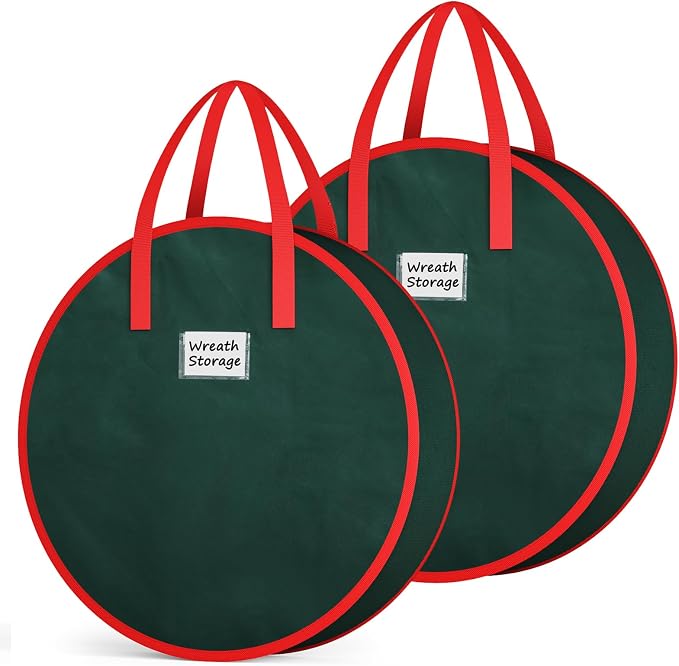 Criusia Wreath Storage Container, 2 Pack Christmas Wreath Storage Bag with Sturdy Handle, Two-way Zipper,Durable Wreath Storage Organizer Box for Holiday Decoration (Green, 24"x8") - skull wreath