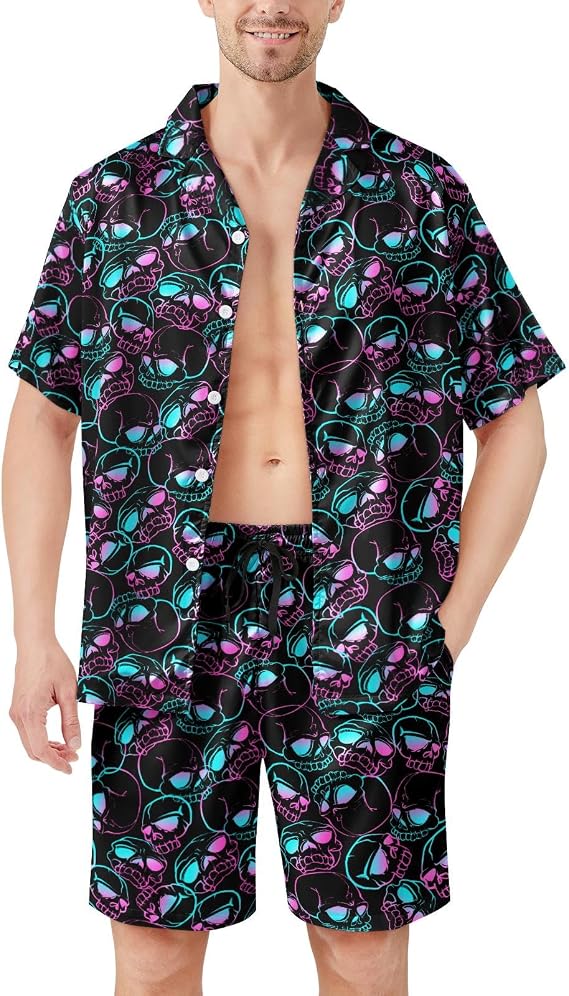 Mens Pajama Set Pjs Sleepwear Nightwear Soft Short Sleeve Sleep Set With Pocket - skull pajamas