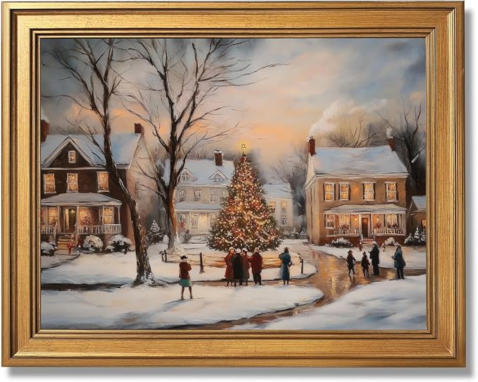 Gold Framed Vintage Christmas Village Landscape Wall Art Classic Winter Scene Poster Pine Tree Snowy Town Canvas Prints Nostalgic Holiday Painting Picture for Bedroom Home Decor 12x16inch - skull wall art