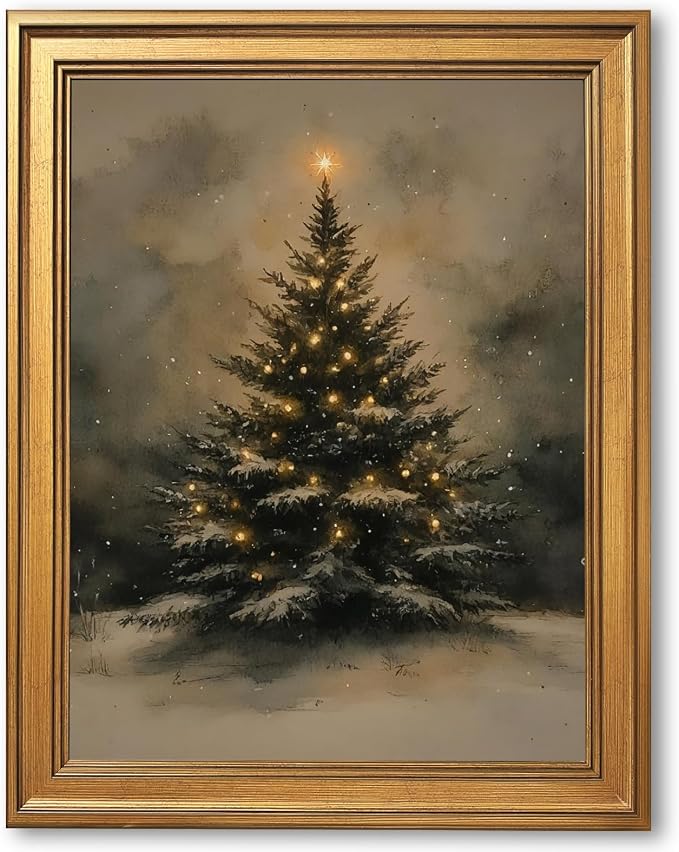 Vintage Gold Framed Christmas Tree Wall Art Elegant Snowy Tree Canvas Poster Print Retro Classic Holiday Winter Scene Landscape Painting for Bedroom Home Enterway Decor 12x16inch - skull wall art