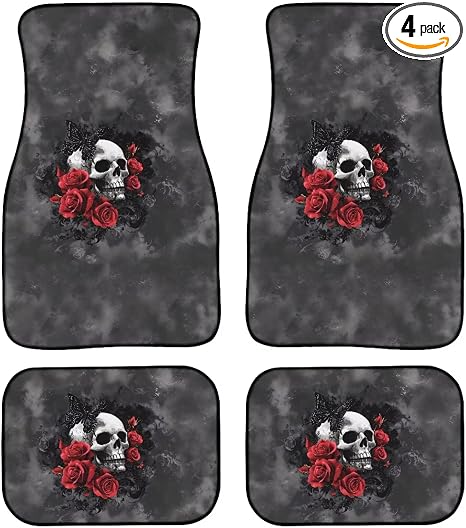 Car Floor Mats Full Set Non Slip Carpet Mats Set of 4 Universal Fit Car Truck Sedan Van SUV Floor Cushion Pad（Terrifying Gothic Skull Rose）