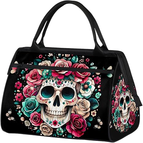 Small Weekender Bag for Women Halloween Skull Rose Skeleton Foldie Gym Duffle Bags Canvas Compact Workout Bags Carry On Tote Bag Sport Travel Overnight Sleepover Hospital for Traveling Luggage - sugar skull handbags for sale