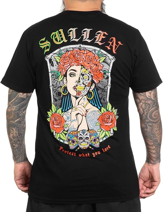 Sullen Men's Sugar Skull Girl Day of the Dead Capsule Tattoo Lifestyle Graphic Premium Short Sleeve Tee Black - skull tshirt