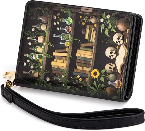 YINHEXI Women's Wallet, Detachable Wrist Strap Wristlet with 16 Card Slots, Accordion Holder, ID Window, Water-Resistant PU Leather for Small Purse Travel Daily Use (Bookshelf Skull) - skull wallet