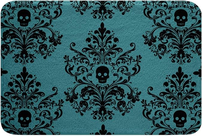 Feelyou Gothic Damask Bathroom Rugs Vintage Jacquard Bath Mats Microfiber Teal Black Bathroom Accessories Exotic Sugar Skull Floor Doormats Non-Slip 20"x32" Soft - skull toilet mat