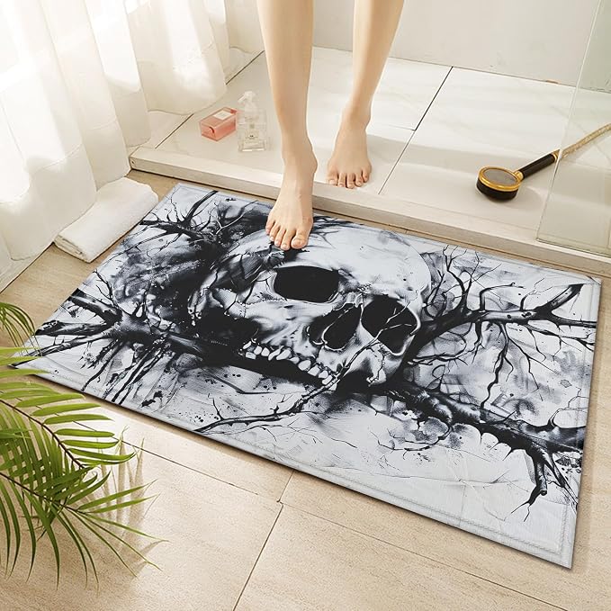 Gothic Skull Tree Bath Mat Dark Forest Non-Slip Bathroom Rugs Mats Washable Door Mat Quick Dry Doormat for Entrance Indoor Outdoor Laundry, 17×30 Inch